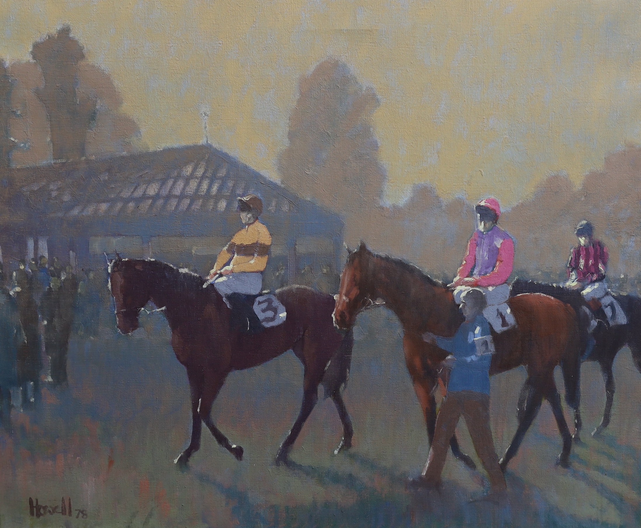 Peter Howell (b.1932), Racehorses approaching the paddock, oil on canvas, 50 x 60cm